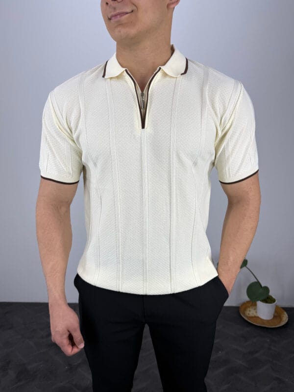 Leon Fermuarlı Örme Polo Yaka Triko Tshirt-Bej
