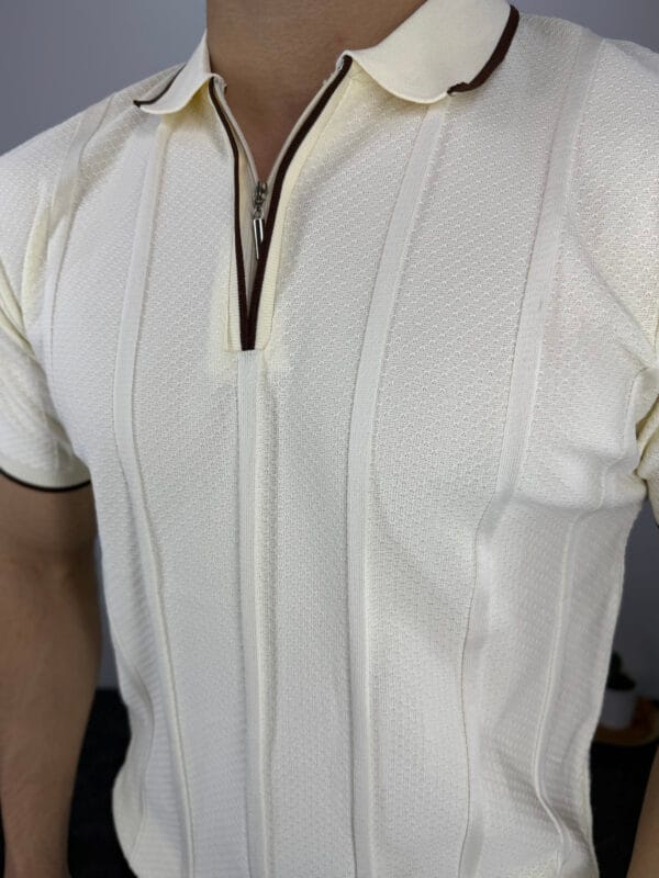 Leon Fermuarlı Örme Polo Yaka Triko Tshirt-Bej - Görsel 4