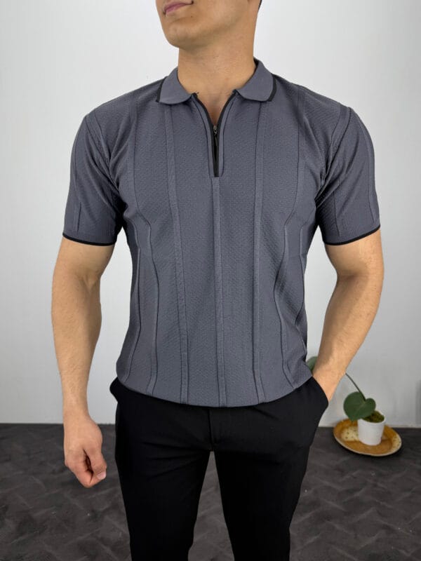 Leon Fermuarlı Örme Polo Yaka Triko Tshirt-Gri