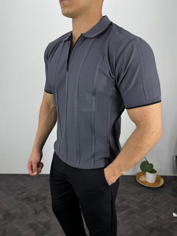 Leon Fermuarlı Örme Polo Yaka Triko Tshirt-Gri - Görsel 2