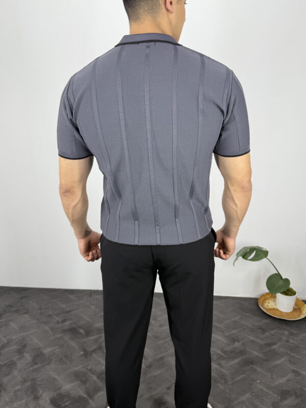 Leon Fermuarlı Örme Polo Yaka Triko Tshirt-Gri - Görsel 3