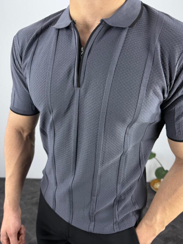 Leon Fermuarlı Örme Polo Yaka Triko Tshirt-Gri - Görsel 4