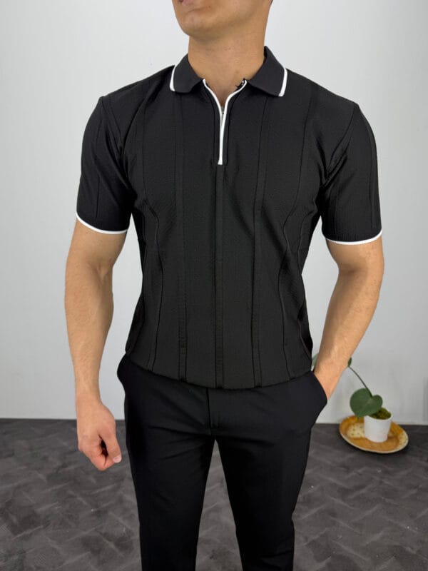 Leon Fermuarlı Örme Polo Yaka Triko Tshirt-Siyah