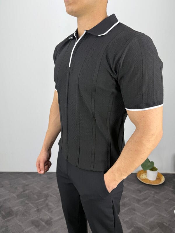 Leon Fermuarlı Örme Polo Yaka Triko Tshirt-Siyah - Görsel 2