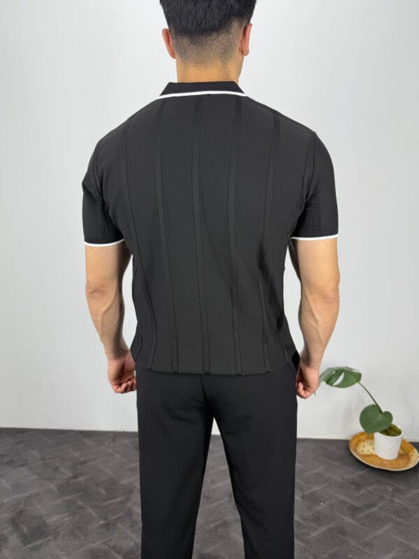 Leon Fermuarlı Örme Polo Yaka Triko Tshirt-Siyah - Görsel 3