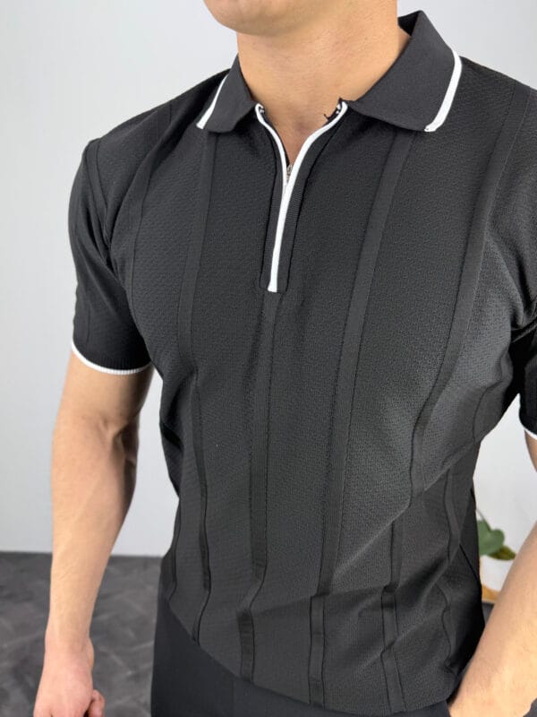 Leon Fermuarlı Örme Polo Yaka Triko Tshirt-Siyah - Görsel 4