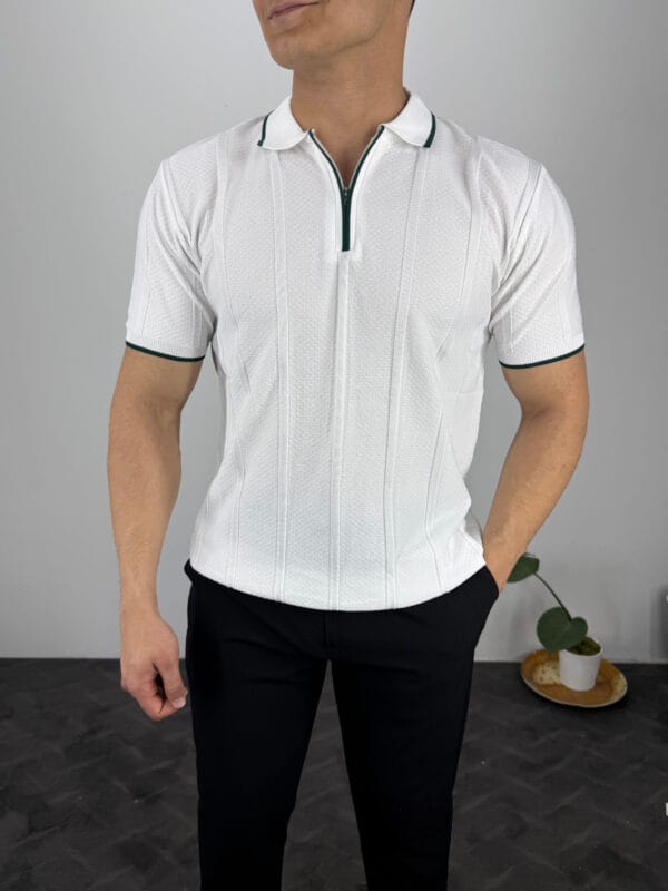 Leon Fermuarlı Örme Polo Yaka Triko Tshirt-Beyaz