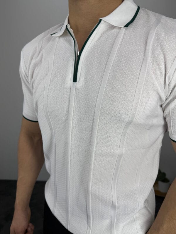 Leon Fermuarlı Örme Polo Yaka Triko Tshirt-Beyaz - Görsel 4