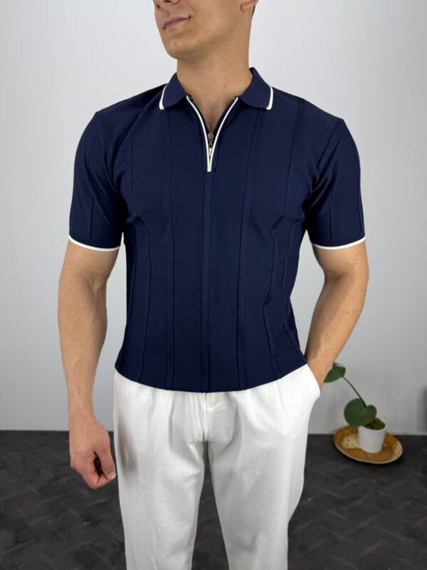Leon Fermuarlı Örme Polo Yaka Triko Tshirt-Lacivert