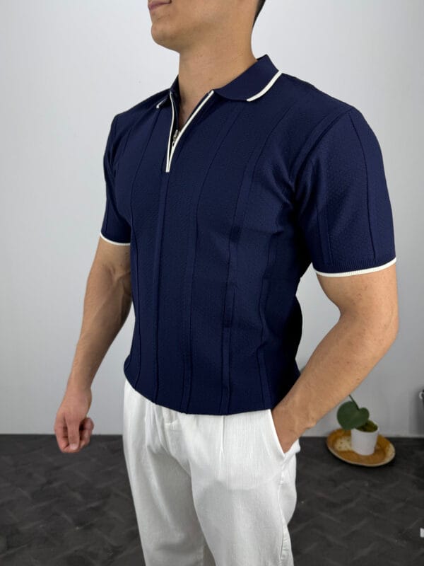 Leon Fermuarlı Örme Polo Yaka Triko Tshirt-Lacivert - Görsel 2