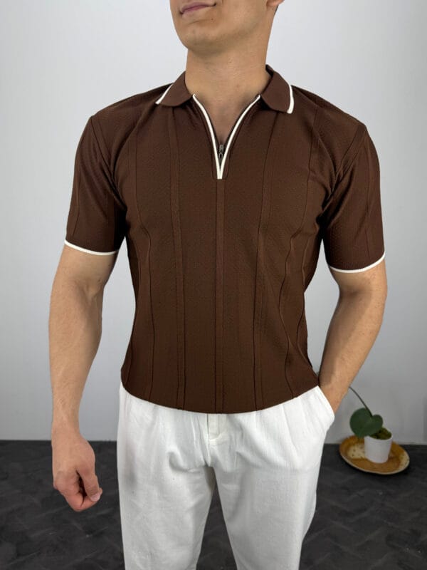 Leon Fermuarlı Örme Polo Yaka Triko Tshirt-Kahve