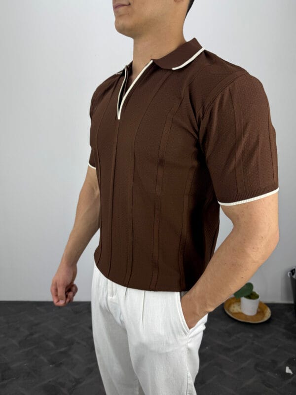 Leon Fermuarlı Örme Polo Yaka Triko Tshirt-Kahve - Görsel 2