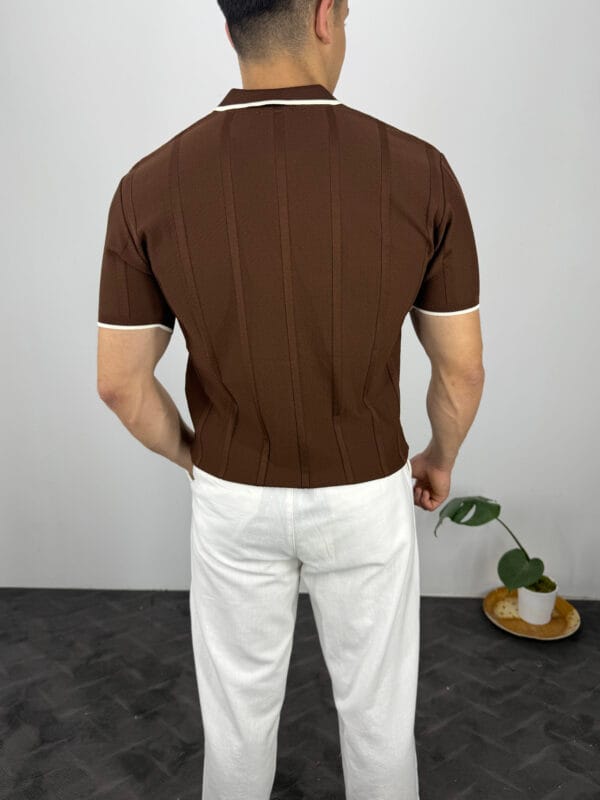 Leon Fermuarlı Örme Polo Yaka Triko Tshirt-Kahve - Görsel 3