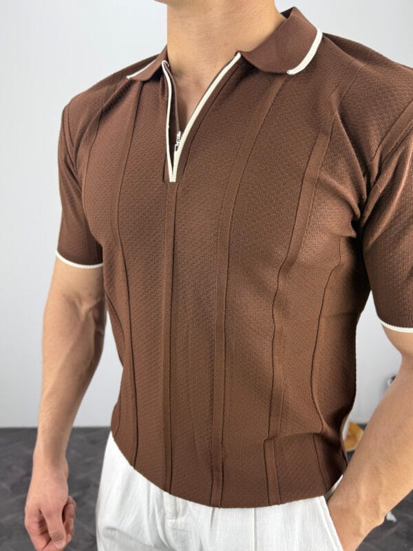 Leon Fermuarlı Örme Polo Yaka Triko Tshirt-Kahve - Görsel 4