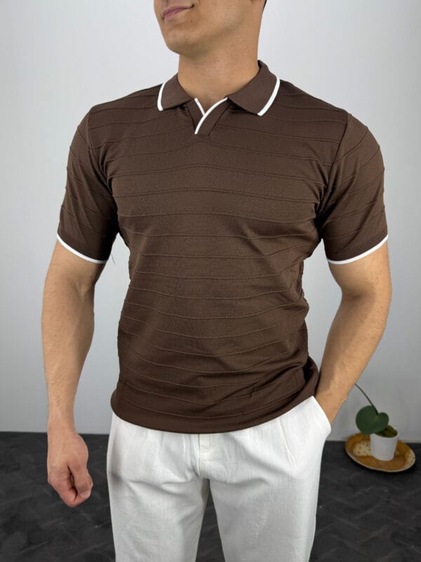 HY Şerit Detaylı Polo Yaka Triko Tshirt-Acı Kahve