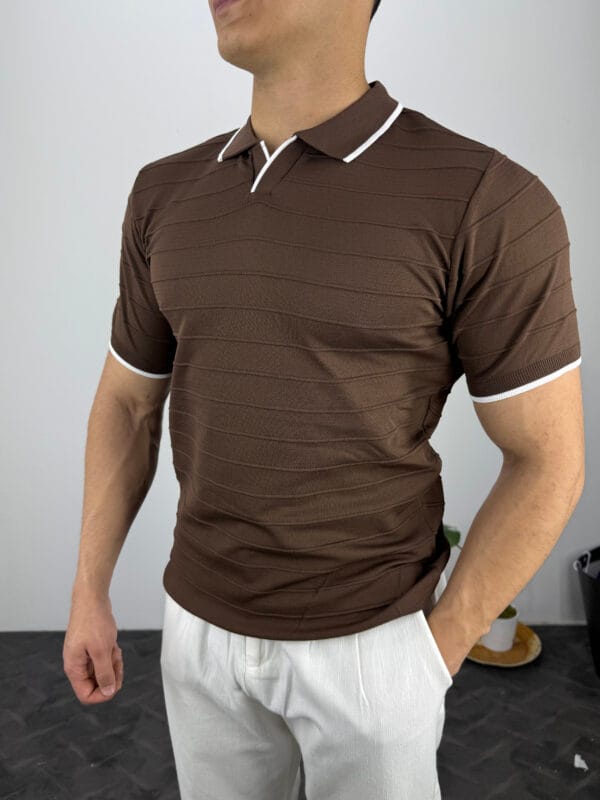 HY Şerit Detaylı Polo Yaka Triko Tshirt-Acı Kahve - Görsel 2