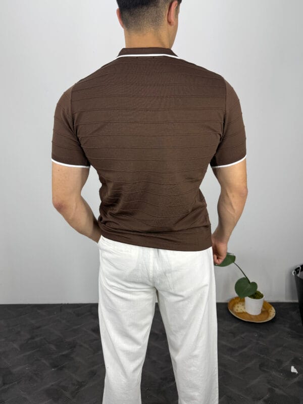 HY Şerit Detaylı Polo Yaka Triko Tshirt-Acı Kahve - Görsel 3