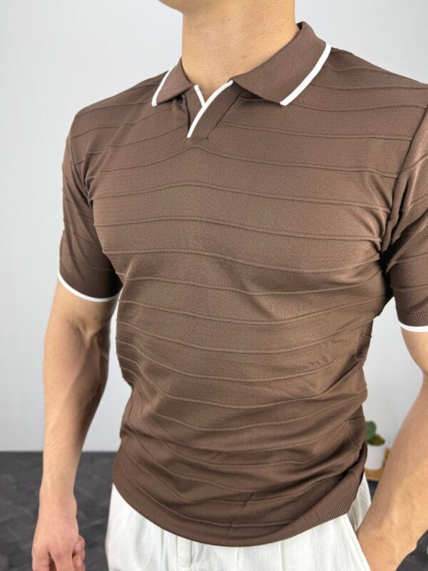 HY Şerit Detaylı Polo Yaka Triko Tshirt-Acı Kahve - Görsel 4
