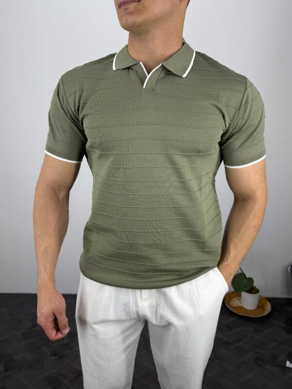 HY Şerit Detaylı Polo Yaka Triko Tshirt-Haki