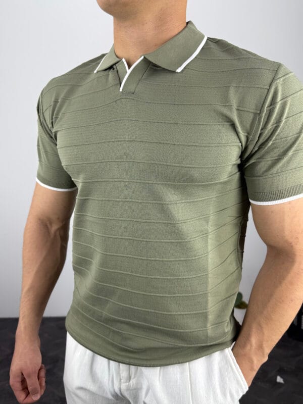 HY Şerit Detaylı Polo Yaka Triko Tshirt-Haki - Görsel 4