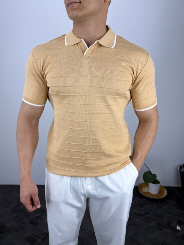 HY Şerit Detaylı Polo Yaka Triko Tshirt-Camel