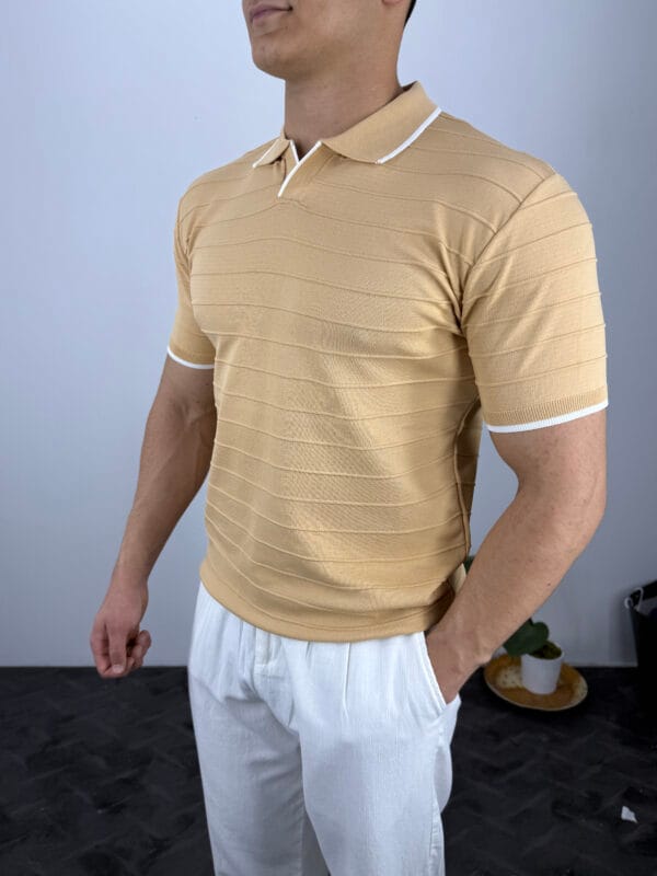 HY Şerit Detaylı Polo Yaka Triko Tshirt-Camel - Görsel 2