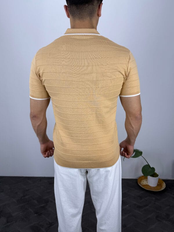 HY Şerit Detaylı Polo Yaka Triko Tshirt-Camel - Görsel 3