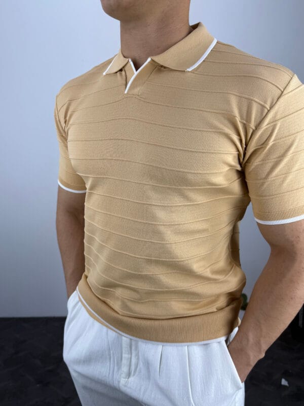 HY Şerit Detaylı Polo Yaka Triko Tshirt-Camel - Görsel 4