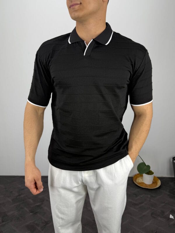 HY Şerit Detaylı Polo Yaka Triko Tshirt-Siyah