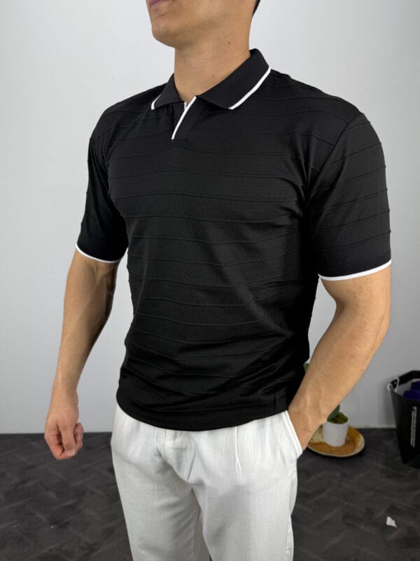 HY Şerit Detaylı Polo Yaka Triko Tshirt-Siyah - Görsel 2