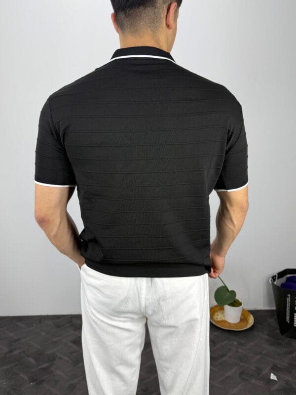 HY Şerit Detaylı Polo Yaka Triko Tshirt-Siyah - Görsel 3