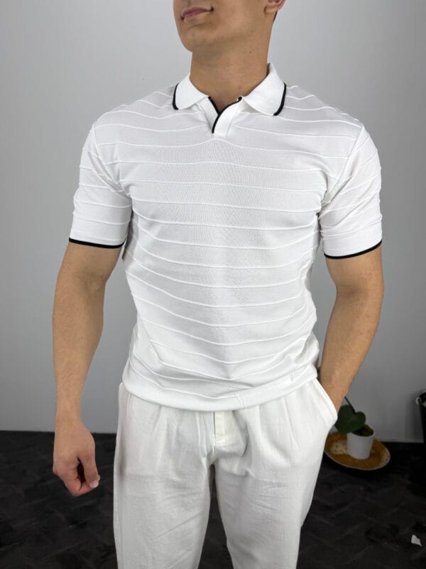 HY Şerit Detaylı Polo Yaka Triko Tshirt-Beyaz
