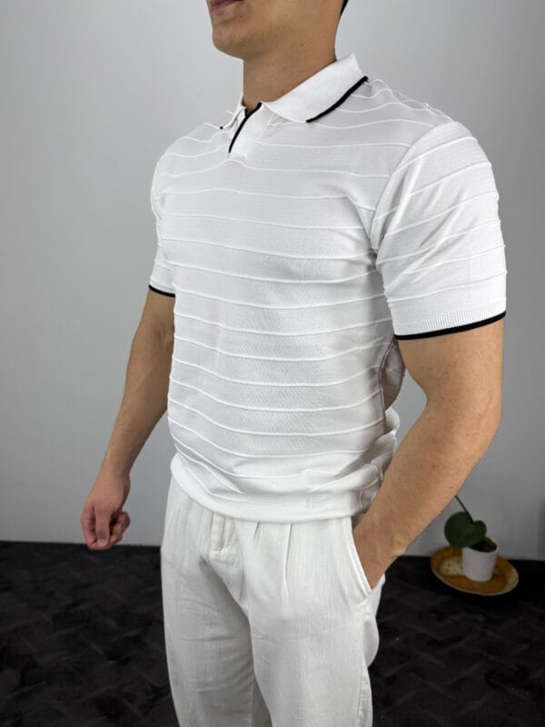 HY Şerit Detaylı Polo Yaka Triko Tshirt-Beyaz - Görsel 2