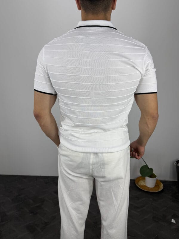 HY Şerit Detaylı Polo Yaka Triko Tshirt-Beyaz - Görsel 3