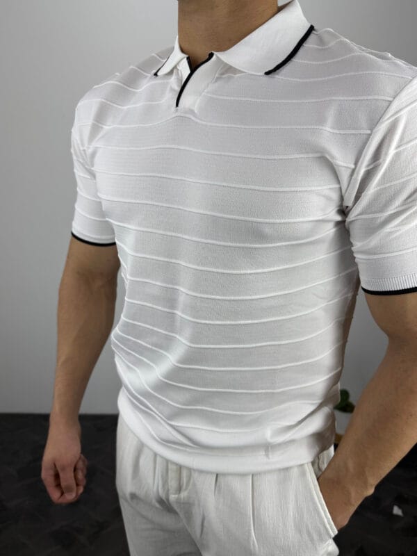 HY Şerit Detaylı Polo Yaka Triko Tshirt-Beyaz - Görsel 4