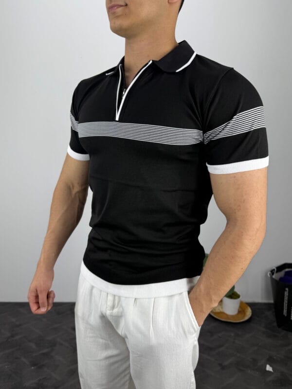 Ekko Polo Yaka Ekosen Çizgili Triko Tshirt-Siyah - Görsel 2