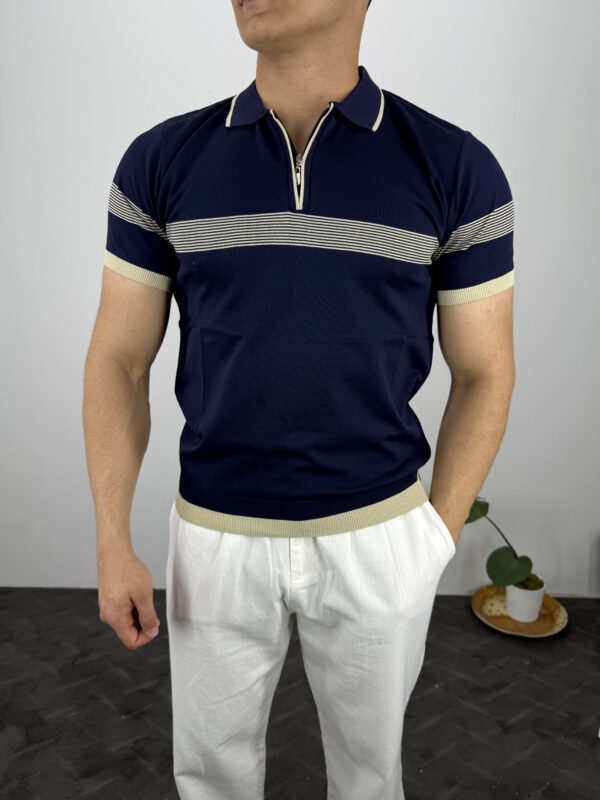 Ekko Polo Yaka Ekosen Çizgili Triko Tshirt-Lacivert