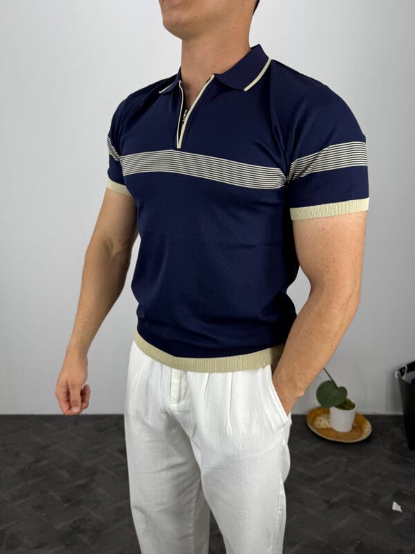 Ekko Polo Yaka Ekosen Çizgili Triko Tshirt-Lacivert - Görsel 2