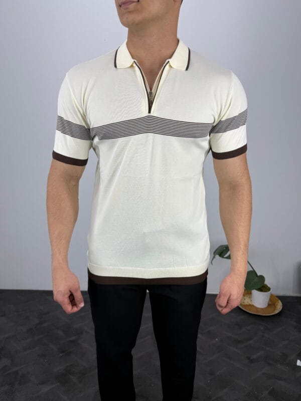 Ekko Polo Yaka Ekosen Çizgili Triko Tshirt-Bej