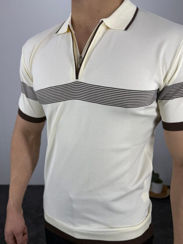 Ekko Polo Yaka Ekosen Çizgili Triko Tshirt-Bej - Görsel 4