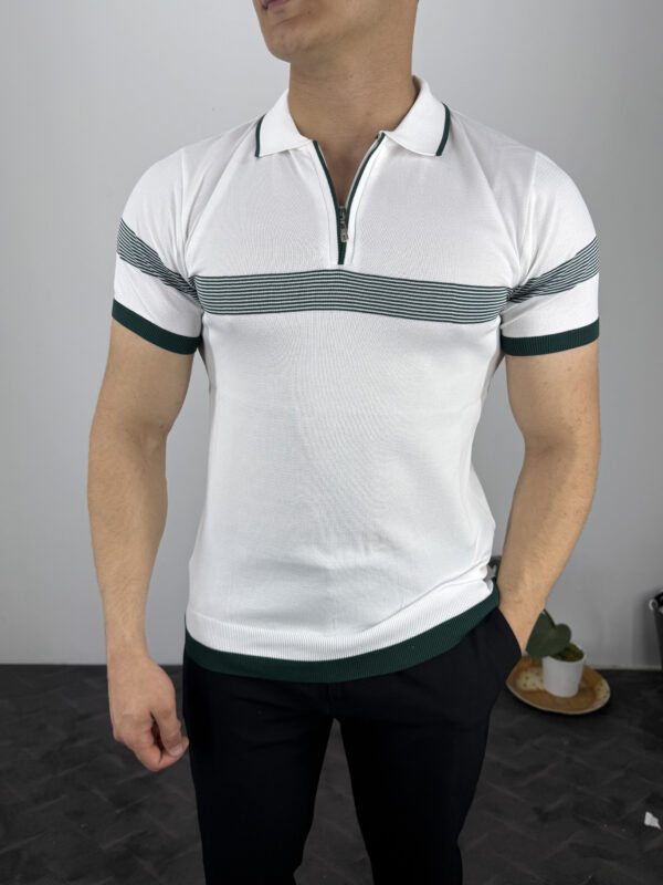 Ekko Polo Yaka Ekosen Çizgili Triko Tshirt-Beyaz