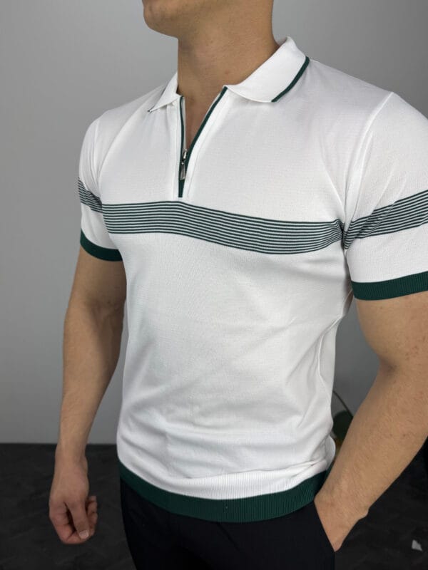 Ekko Polo Yaka Ekosen Çizgili Triko Tshirt-Beyaz - Görsel 4