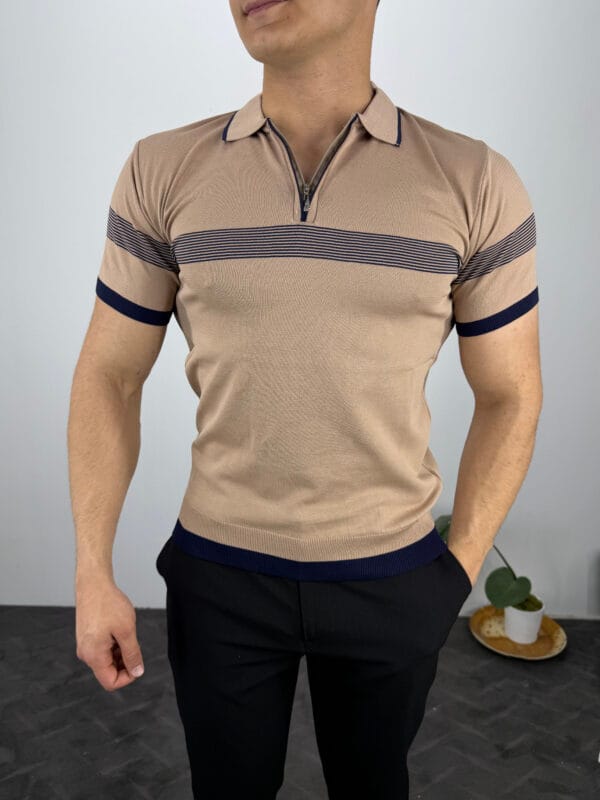Ekko Polo Yaka Ekosen Çizgili Triko Tshirt-Açık Kahve