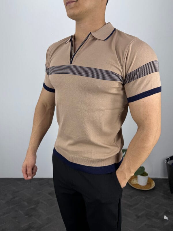 Ekko Polo Yaka Ekosen Çizgili Triko Tshirt-Açık Kahve - Görsel 2