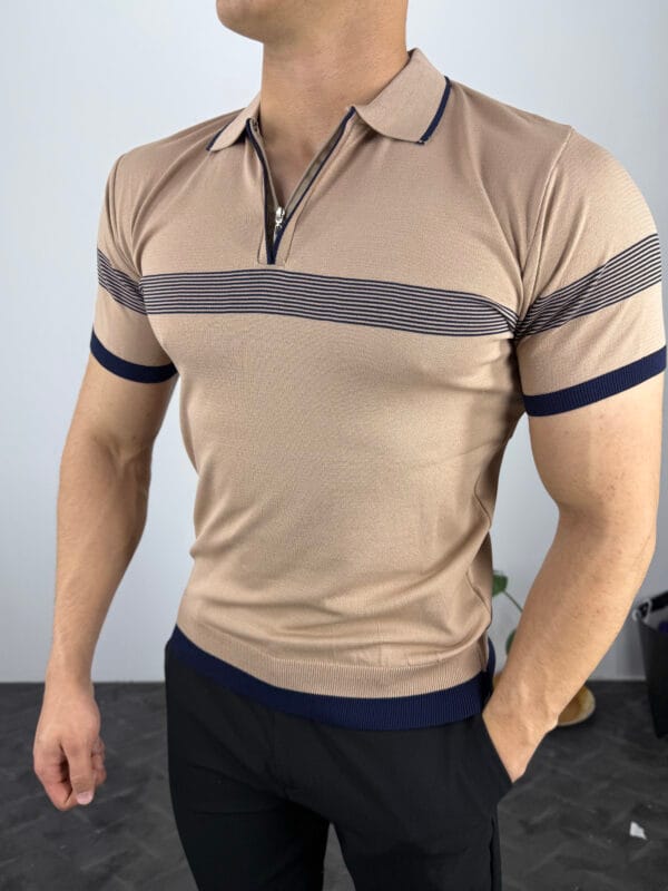 Ekko Polo Yaka Ekosen Çizgili Triko Tshirt-Açık Kahve - Görsel 4