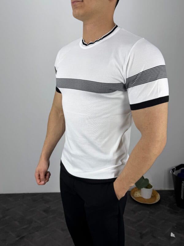 Oni Örme 0 Yaka Triko Tshirt-Beyaz/Siyah - Görsel 2