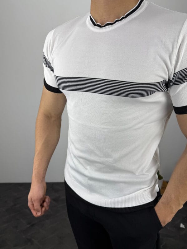 Oni Örme 0 Yaka Triko Tshirt-Beyaz/Siyah - Görsel 4