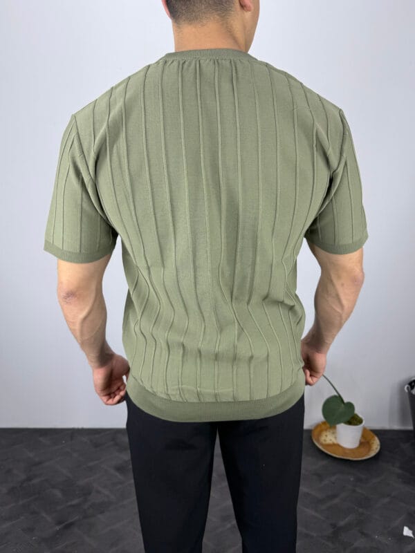 TM Bisiklet yaka Şerit Detaylı Triko Tshirt-Haki - Görsel 3