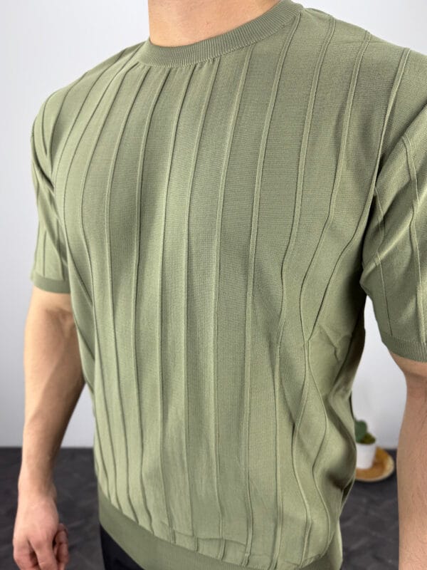 TM Bisiklet yaka Şerit Detaylı Triko Tshirt-Haki - Görsel 4