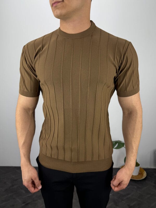 TM Bisiklet yaka Şerit Detaylı Triko Tshirt-Acı Kahve